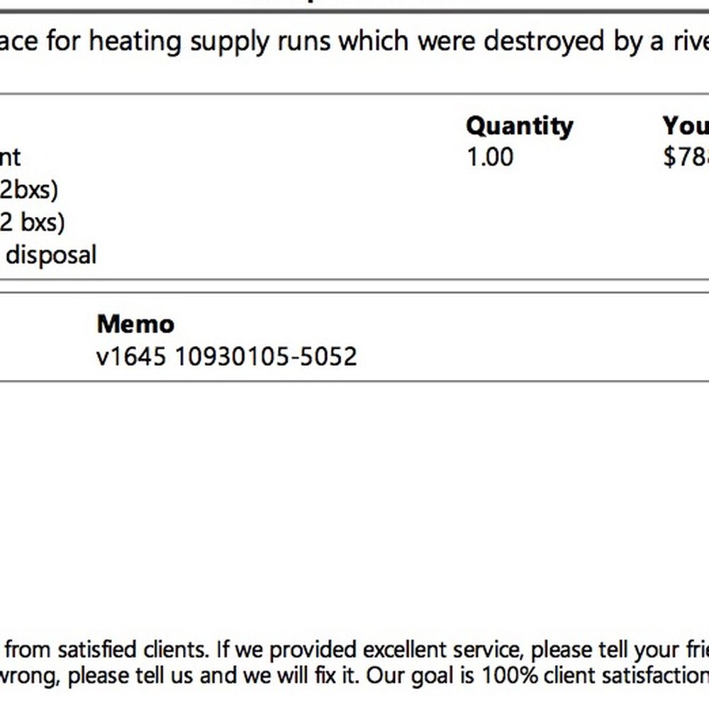 Gary's invoice for duct replacement shows 200 feet of duct replaced, while only about 38 feet of 6" duct was changed and the rest taped up. Gary's invoice for duct replacement shows 200 feet of duct replaced, while only about 38 feet of 6" duct was changed and the rest taped up.