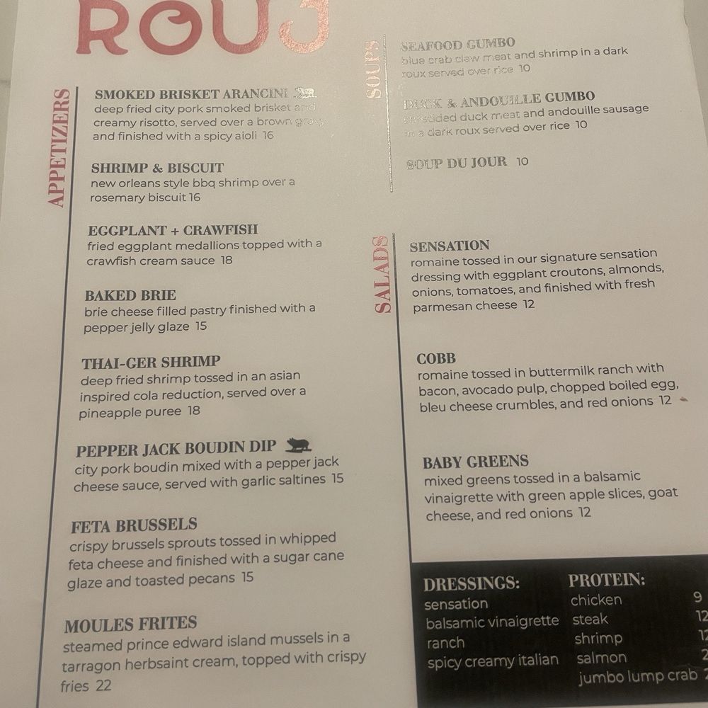 Rouj Creole - Front of the menu - Cajun/Creole Near Me - Baton Rouge, Louisiana Rouj Creole - Front of the menu - Cajun/Creole Near Me - Baton Rouge, Louisiana