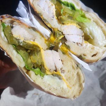 Maple Leaf Donuts - Chicken sandwich on jalapeño cheddar bagel - Donuts Near Me - Los Gatos, California