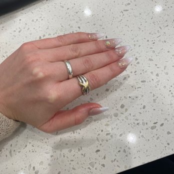Sunflower Nails Plus - Acrylic nails, almond shaped, French ombré coloring, with shimmer flake accents. - Nail Salons Near Me - San Diego, California Sunflower Nails Plus - Acrylic nails, almond shaped, French ombré coloring, with shimmer flake accents. - Nail Salons Near Me - San Diego, California