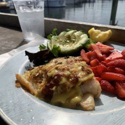 Crab topped grouper, strawberries and avocado