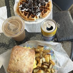 Bacon guacamole on ciabatta and Oreo waffle