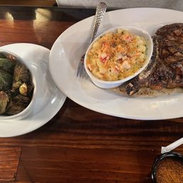 Outlaw Ribeye with Brussels sprouts and lobster Mac and cheese