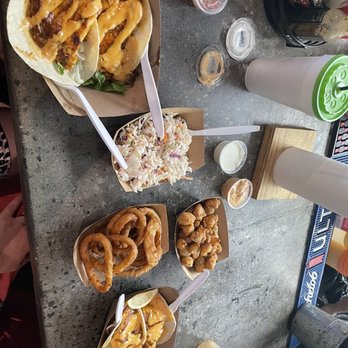 Fish Hut Grill - Blackened Fish tacos, coleslaw, onion rings and cheese curds - American Near Me - Emerald Isle, North Carolina