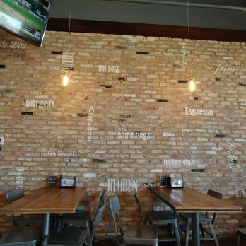 Urban Counter - love the brick wall with stamped items from their menu - Sandwiches Near Me - St. Charles, Illinois