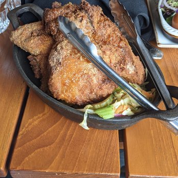 Kindred Fare - Crispy chicken (4 piece) no side, garnished with pickles and slaw - New American Near Me - Geneva, New York Kindred Fare - Crispy chicken (4 piece) no side, garnished with pickles and slaw - New American Near Me - Geneva, New York
