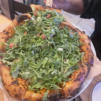 allmine - The Rabbit Hole pizza 1 red sauce, pickled green tomatoes, olive mousse, whipped ricotta, arugula, mushrooms! - Pizza Near Me - Oceanside, California