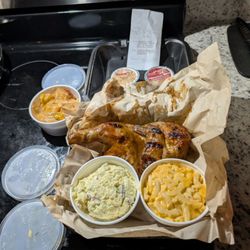 Half smoked chicken plate 2 sauce choice with Mac and cheese and potato salad with a slice of Texas toast and a medium peach cobbler.