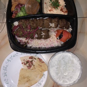 Tarme Mediterranean Grill - Luleh kabob plate for which I chose hummus, a fatoush salad and rice as my salads.  I also ordered a regular side of cucumber mint yogurt. - Mediterranean Near Me - Glendale, California