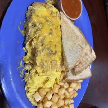 Country Omelette - a blue plate of food - Burgers Near Me - Mcallen, Texas Country Omelette - a blue plate of food - Burgers Near Me - Mcallen, Texas