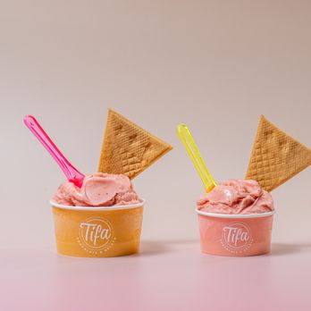 Tifa Chocolate & Gelato - Medium and Small Gelato Scoops in cups with wafer cookies on top - Gelato Near Me - Denver, Colorado Tifa Chocolate & Gelato - Medium and Small Gelato Scoops in cups with wafer cookies on top - Gelato Near Me - Denver, Colorado