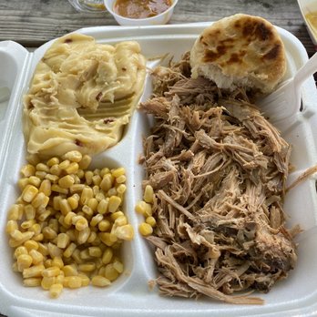 Beer Pockets BBQ - Pulled pork platter w loaded mash potatoes, corn and honey butter biscuits. - Barbeque Near Me - Greenwood Lake, New York Beer Pockets BBQ - Pulled pork platter w loaded mash potatoes, corn and honey butter biscuits. - Barbeque Near Me - Greenwood Lake, New York