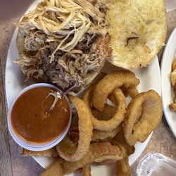 Mullica Hill Amish Restaurant - Pulled pork with onion rings.