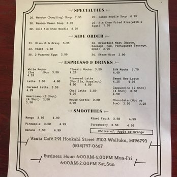 Vanta Cafe - Back of menu - Breakfast & Brunch Near Me - Wailuku, Hawaii Vanta Cafe - Back of menu - Breakfast & Brunch Near Me - Wailuku, Hawaii