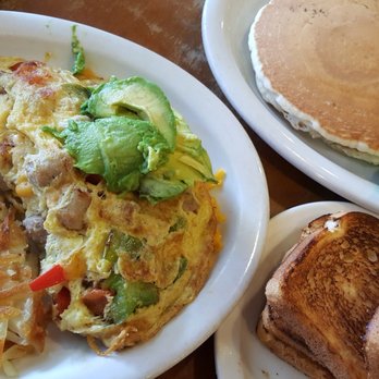 Redwood Cafe - Sausage cheddar omelet and pancakes, yummy! - New American Near Me - Cambria, California Redwood Cafe - Sausage cheddar omelet and pancakes, yummy! - New American Near Me - Cambria, California