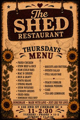 Menu photo 1 The Shed Restaurant Cheraw, SC Menu photo 1 The Shed Restaurant Cheraw, SC