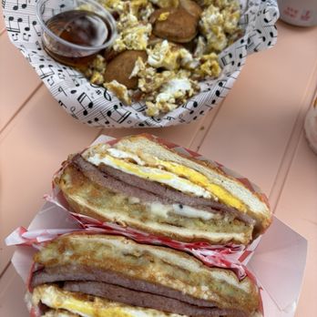 Reed’s Breakfast Bar - Pork roll egg and cheese with hash brown on a Keyser roll mini pancakes - Breakfast & Brunch Near Me - New Hope, Pennsylvania Reed’s Breakfast Bar - Pork roll egg and cheese with hash brown on a Keyser roll mini pancakes - Breakfast & Brunch Near Me - New Hope, Pennsylvania