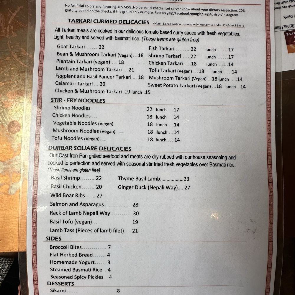 Durbar Square Restaurant - Menu - Himalayan/Nepalese Near Me - Portsmouth, New Hampshire