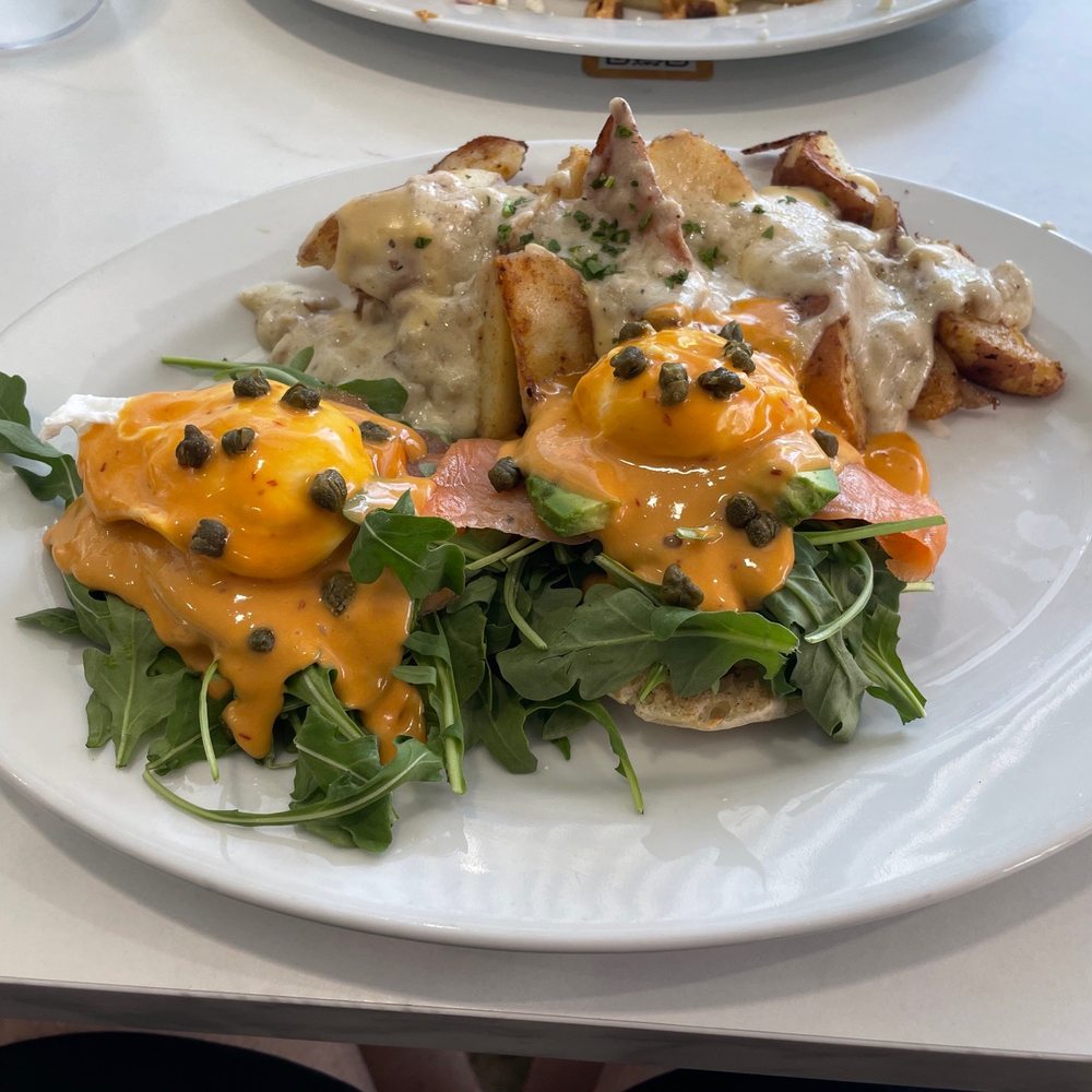 Morning Squeeze - Smoked Salmon Benedict with JoJo's style potatoes - Breakfast & Brunch Near Me - Phoenix, Arizona Morning Squeeze - Smoked Salmon Benedict with JoJo's style potatoes - Breakfast & Brunch Near Me - Phoenix, Arizona