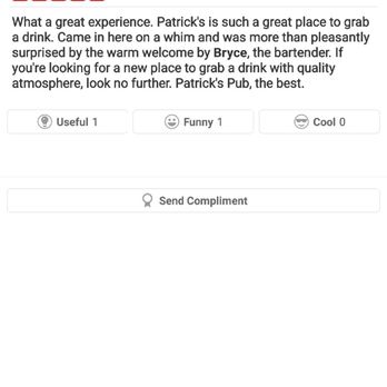 Patrick's Pub - I noticed that the pic changed, but same caption remained, so that got me more curious. Seems to me that Bryce reviewed himself. - Pubs Near Me - Salt Lake City, Utah Patrick's Pub - I noticed that the pic changed, but same caption remained, so that got me more curious. Seems to me that Bryce reviewed himself. - Pubs Near Me - Salt Lake City, Utah