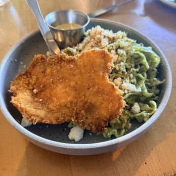 Flama Llama - Tallarin verde - pesto pasta w a crispy chicken cutlet. Best I've had!! - Latin American Near Me - San Diego, California