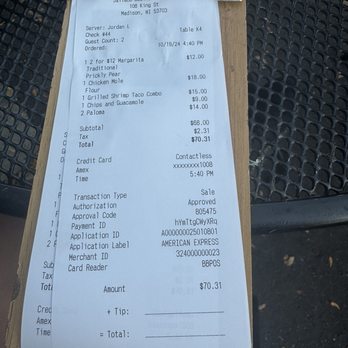 Jalisco Cocina Mexicana - Bill (after payment) - Tacos Near Me - Madison, Wisconsin Jalisco Cocina Mexicana - Bill (after payment) - Tacos Near Me - Madison, Wisconsin