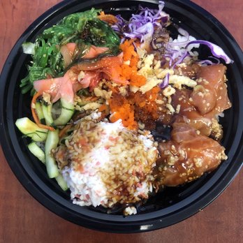 IJ Sushi Burrito - Salmon Poke Bowl with added crab salad (About $14) - Sushi Bars Near Me - Seattle, Washington IJ Sushi Burrito - Salmon Poke Bowl with added crab salad (About $14) - Sushi Bars Near Me - Seattle, Washington