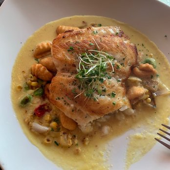 Caps On The Water - Fresh catch seabass with gnocchi (fried) and a corn chowder. Not too heavy and surprisingly delicious! - Seafood Near Me - St Augustine, Florida Caps On The Water - Fresh catch seabass with gnocchi (fried) and a corn chowder. Not too heavy and surprisingly delicious! - Seafood Near Me - St Augustine, Florida