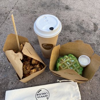 Mr. Green Bubble - Almond milk tea with lychee jelly, pandan waffle, popcorn chicken, and reusable straw gift (so kind!) - Taiwanese Near Me - San Mateo, California