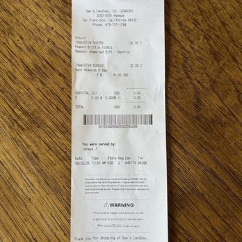 See's Candies - Receipt from transaction - Candy Stores Near Me - San Francisco, California See's Candies - Receipt from transaction - Candy Stores Near Me - San Francisco, California