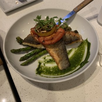 Hungry Crowd - Seabass with asparagus and grilled tomatoes. - New American Near Me - Los Angeles, California Hungry Crowd - Seabass with asparagus and grilled tomatoes. - New American Near Me - Los Angeles, California