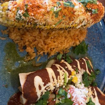Red Bridge Barrio - Elotes Corn on the Cob over rice and enchiladas. - Mexican Near Me - Kansas City, Missouri