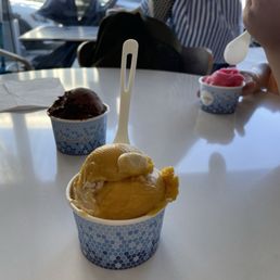 Mango sticky rice, Chocolate Fudge Brownie Ice Cream and strawberry sorbet Mango sticky rice, Chocolate Fudge Brownie Ice Cream and strawberry sorbet