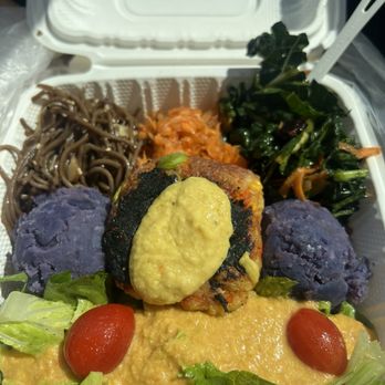 Kaimana Farm Cafe - Bento Box with vegan hamburger - Vegan Near Me - Honolulu, Hawaii Kaimana Farm Cafe - Bento Box with vegan hamburger - Vegan Near Me - Honolulu, Hawaii