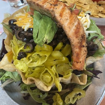 Del Charro - Santa Fe Tostada with grilled salmon. - Bars Near Me - Santa Fe, New Mexico