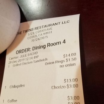 The Twins Restaurant - Our bill. - American Near Me - Cotati, California