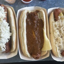 Left-to-right: Slaw Dog; Chili Cheese Dog; Kraut Dog Left-to-right: Slaw Dog; Chili Cheese Dog; Kraut Dog