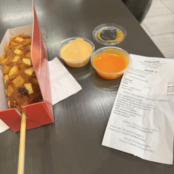 Koko Fried Chicken & Hot Dog - Potato mozzarella stick, sauces of cheddar cheese, and spicy mayo, and the receipt - Korean Near Me - Concord, California Koko Fried Chicken & Hot Dog - Potato mozzarella stick, sauces of cheddar cheese, and spicy mayo, and the receipt - Korean Near Me - Concord, California