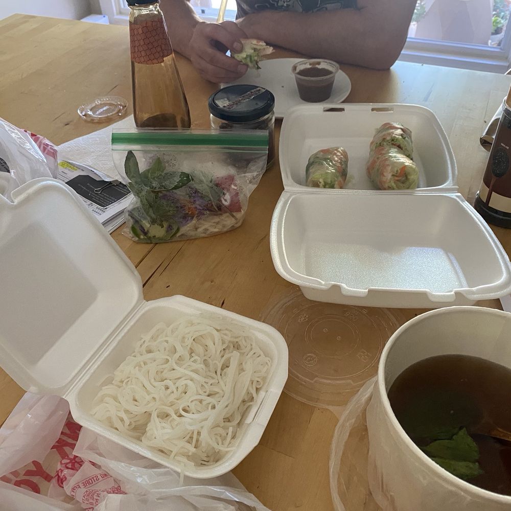 Chicken pho (minus the chicken ), and two orders of shrimps rolls.