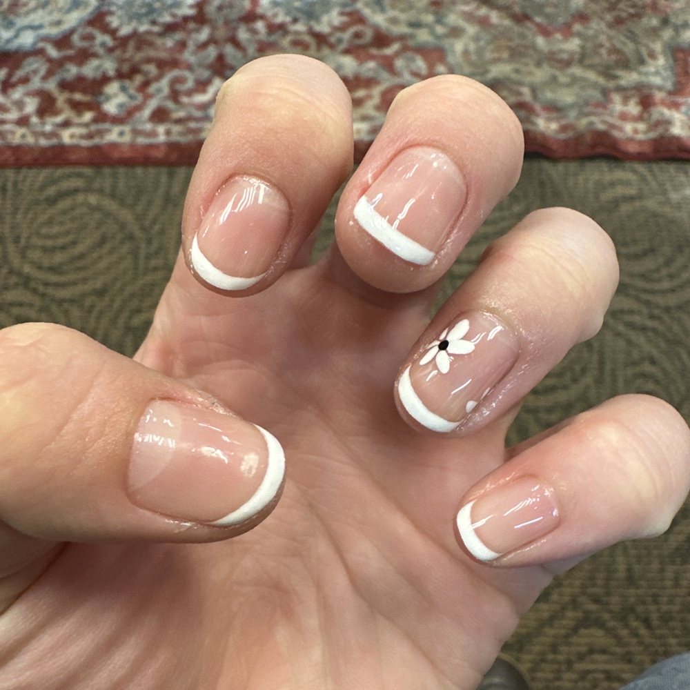 Today's Nails - French tip nails with flower design - Nail Salons Near Me - Anchorage, Alaska Today's Nails - French tip nails with flower design - Nail Salons Near Me - Anchorage, Alaska