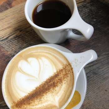 Coat Check Coffee - This is the Butterscotch Latte my girlfriend got and next to it is the Utopian Blend coffee I got. - Coffee & Tea Near Me - Indianapolis, Indiana