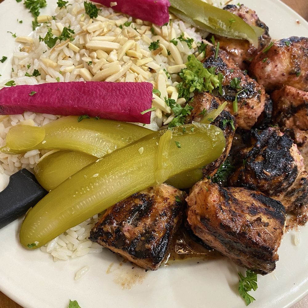 Lavash - Shish Tawook;  Charbroiled lemon oregano marinated chicken breast kabob (16oz) with rice,pickled turnips and pickles. - Mediterranean Near Me - Plymouth, Michigan