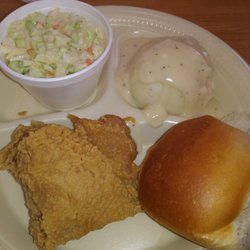 Bush's Chicken - Chicken snack pack. One thigh with side of cole slaw and a roll. Extra side of mashed taters and gravy. EVERYthing was really tasty!!