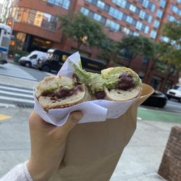 Sesame bagel with matcha cream cheese and red bean azuki! Sesame bagel with matcha cream cheese and red bean azuki!