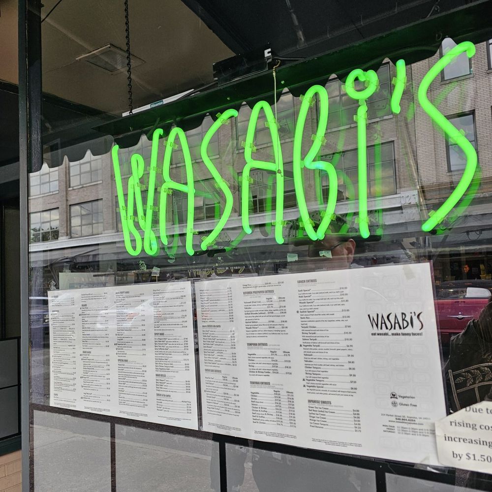 Wasabi's - One of the restaurant's windows with the lively green neon sign. - Sushi Bars Near Me - Roanoke, Virginia Wasabi's - One of the restaurant's windows with the lively green neon sign. - Sushi Bars Near Me - Roanoke, Virginia