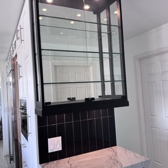 All About Glass and Screens - Lighted upper glass bar cabinet with mirror back, glass side windows and glass shelves and glass doors - Windows Installation Near Me - Riverside, California All About Glass and Screens - Lighted upper glass bar cabinet with mirror back, glass side windows and glass shelves and glass doors - Windows Installation Near Me - Riverside, California