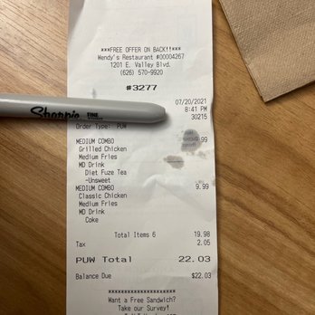 Wendy's - Receipt - Fast Food Near Me - Alhambra, California Wendy's - Receipt - Fast Food Near Me - Alhambra, California