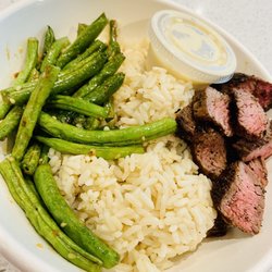 Fresh Kitchen - Coconut ginger rice, sesame green beans, steak, white ginger sauce