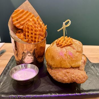 Chick n' Burger - Spicy honey butter chicken sandwich with sweet potato fries and marshmallow sauce - Chicken Shop Near Me - Prosper, Texas