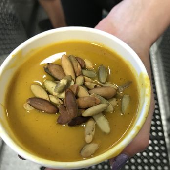 The Souper Wagon - Fall Pumpkin soup with toasted pumpkin seeds on top - Food Trucks Near Me